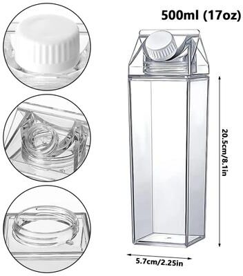Inspire Essentials Reusable Milk Carton Water Bottle Leak Proof Clear Drink Container For Travel And Daily Use 500ml