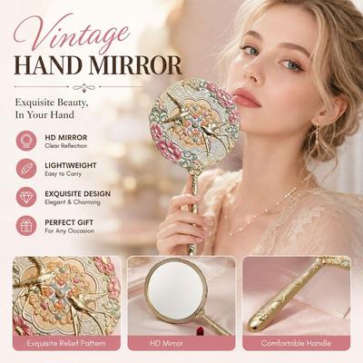 Fusion Finds Vintage Hand Mirror With Chinese Peony Embossed Design, Handheld Makeup Mirror, Retro Vanity Gift For Her Vintage Hand Mirror With Chinese Peony Embossed Design, Handheld Makeup Mirror, Retro Vanity Gift For Her