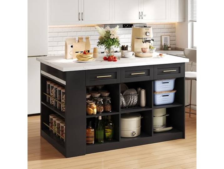 Crlnaup Multifunktionale Kücheninsel mit 150cm+96cm, schwarzen ausziehbarer Esstisch, Weißes marmorierte Holzarbeitsplatte/Tisch, integrierte Stauschränke, ideal für Familienküchen, Potluck Dinners