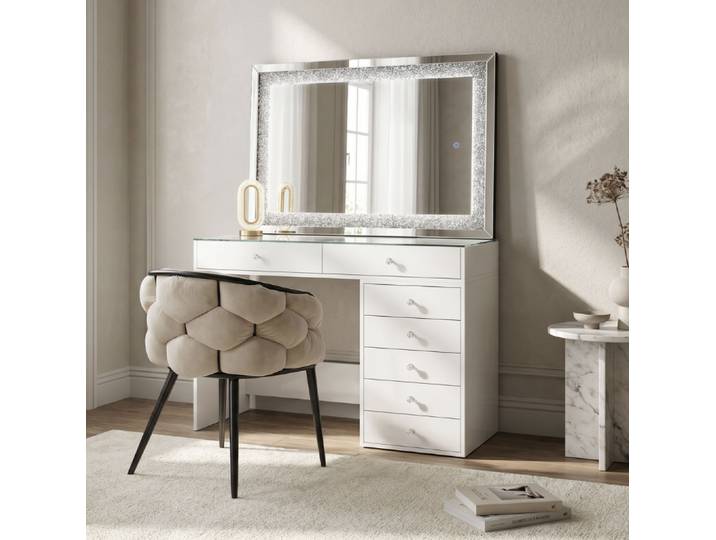 Coiffeuse Homeluxury Avec Miroir Led 120cm - Blanche Vitrée 120cm Avec 7 Tiroirs