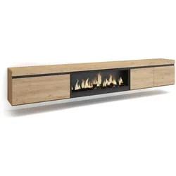 SKRAUT HOME Wohnzimmer-TV-Schrank, Großes Platzangebot, 288x35x45cm, Großes TV-Gerät, XXL-Elektrokamin, Hängend, zum Aufhängen, Farbe Eiche _ 493_54