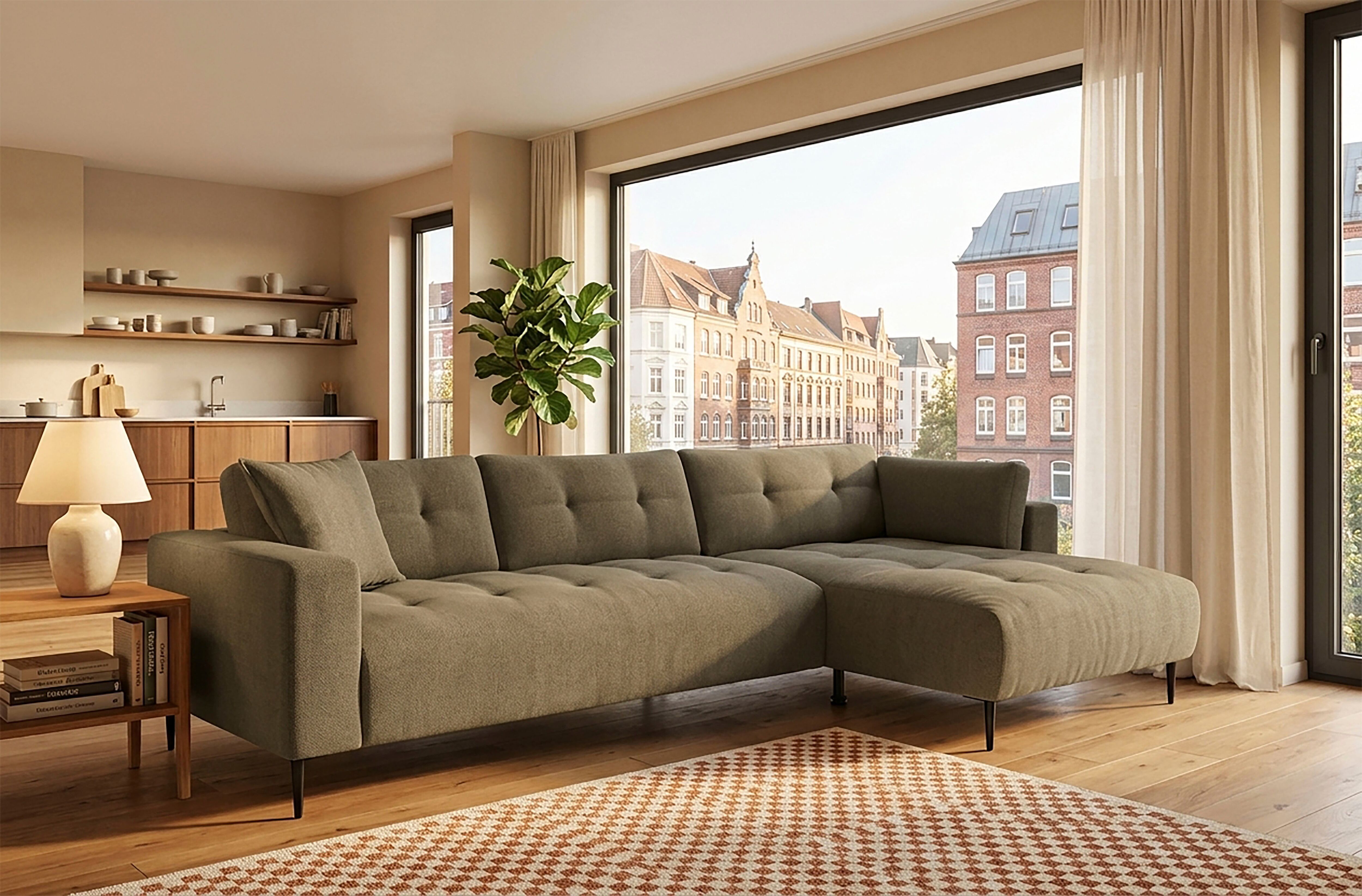 Ecksofa TRENDS BY HG "Leo, B: 309, in Cord und Chenille", braun (b734 vinci 69 olive), B:309cm H:79cm T:158cm, 95% Polyester;5% Polyamide, Sofas, Ecksofa b734 vinci 69 olive B/H/T: 309cm x 79cm x 158cm, Struktur Chenille, Recamiere rechts