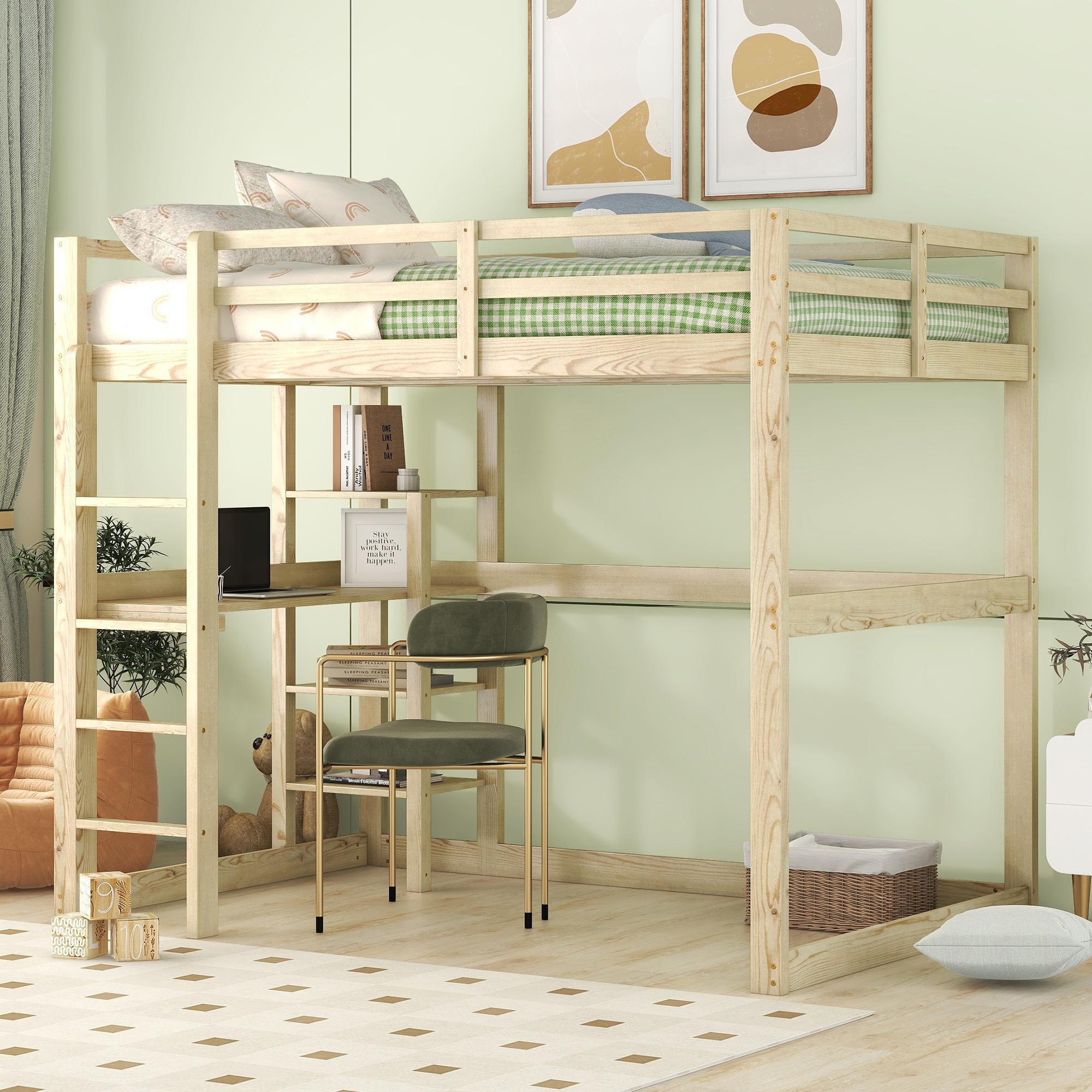 Merax Etagenbetten Hochbett 140x200 cm, Kinderbett aus massivem Kiefernholz, mit Schreibtisch und Ablagefächern, Stockbett, Jugendbett, Natur