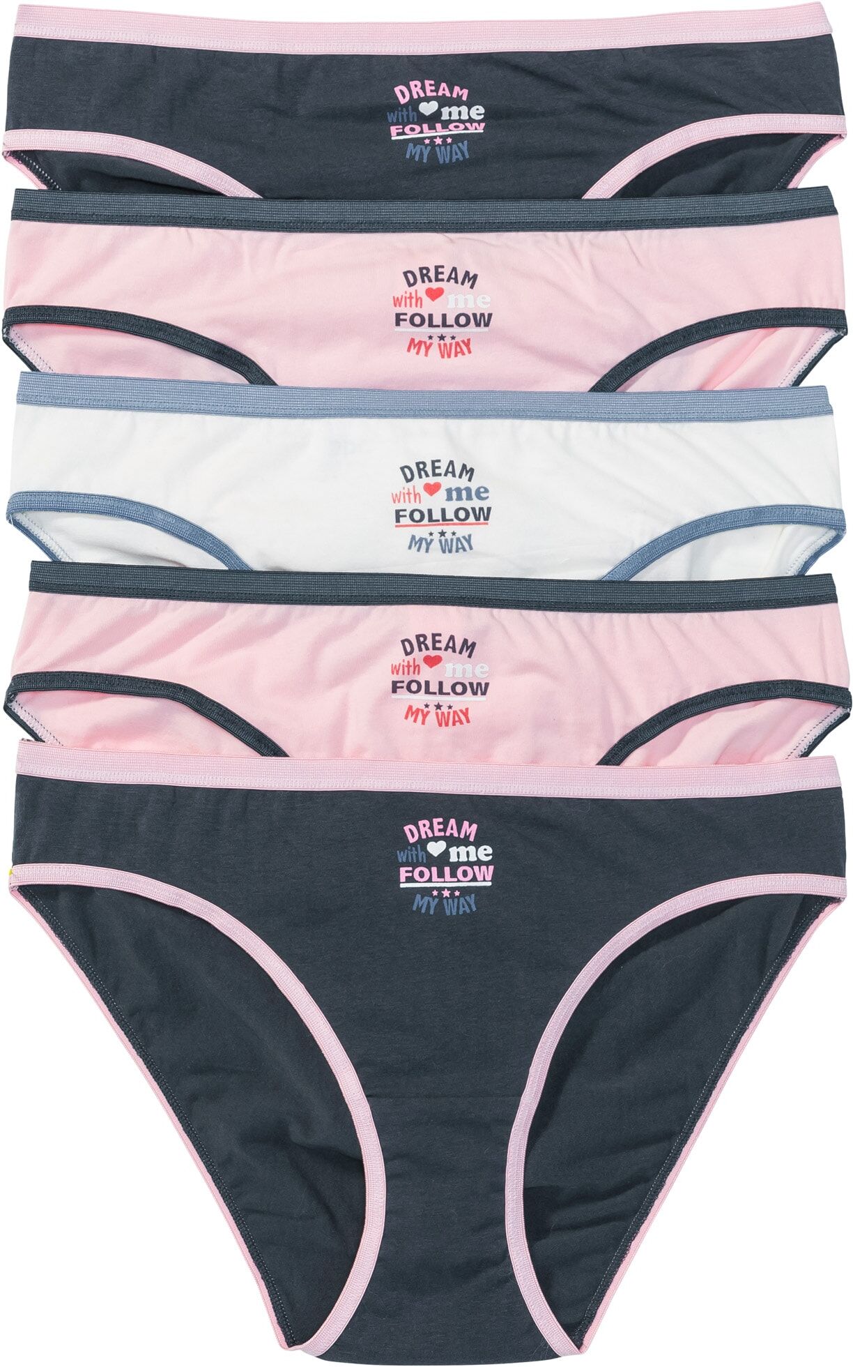Slip BONPRIX "Slip (5er Pack)", Damen, Gr. 36/38 (S), 5 Stk., blau (blau, rosa, wollweiß bedruckt), Obermaterial: 95% Baumwolle, 5% Elasthan, Unterhosen Slip, mit dekorativen Bündchen in Kontrastfarbe, weiche Materialqualität