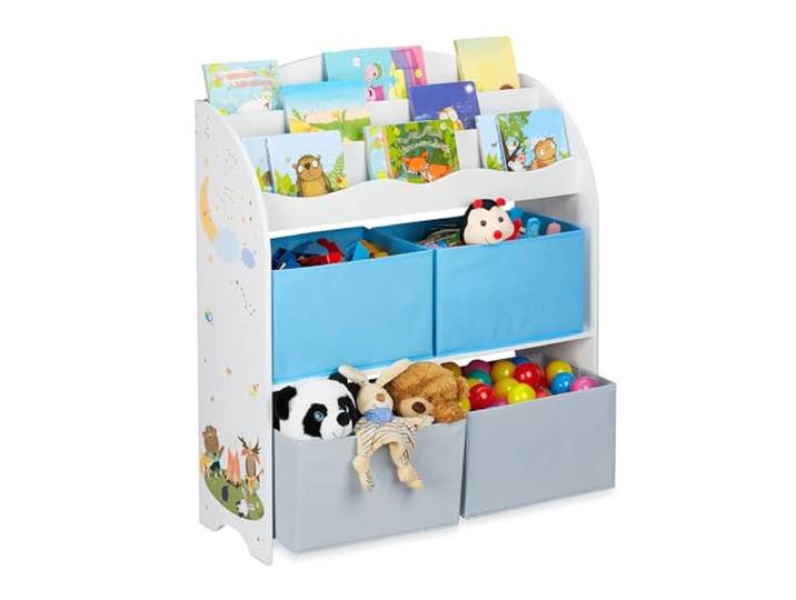 Relaxdays Etagère Enfants\, 4 boîtes\, Motif feu\, Rangement Jouets\, Livres\, Chambre d'enfants HxlxP 98x82\,5x30 cm\, coloré