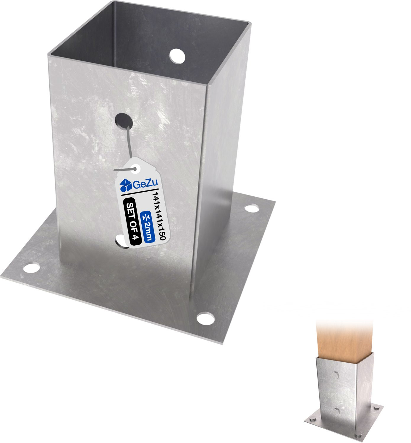 GeZu Impex Paalhouder Opschroefbaar, set van 4, Thermisch Verzinkt Staal, 141 x 141 mm