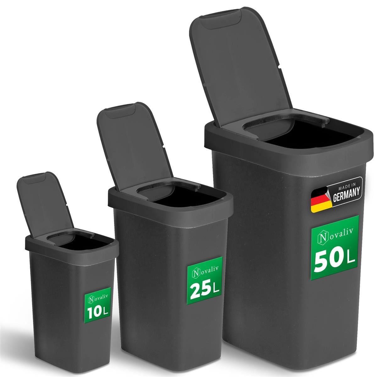 Novaliv Vuilnisbakset 10L, 25L en 50L met 2-in-1 geurwerend deksel voor keuken en kantoor