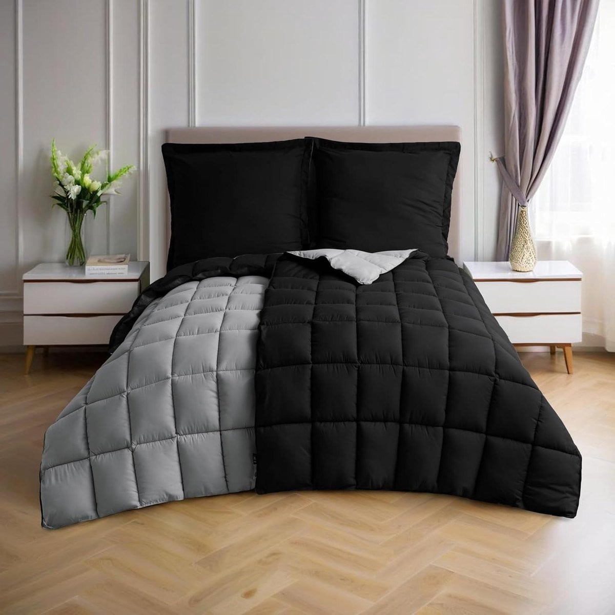 Zwarte Dekbedset met Cassette Steek - 2x 135x200 cm en 2x 80x80 cm