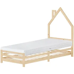 KINDERBETT Haus 90x200 cm mit Matratze Natur Kiefernholz