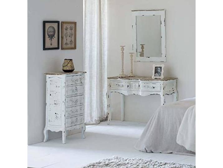 Chiffonnier - WANDERLUST DECO - Bois laqué blanc vieilli - 5 tiroirs - Style vintage - Meuble de chambre