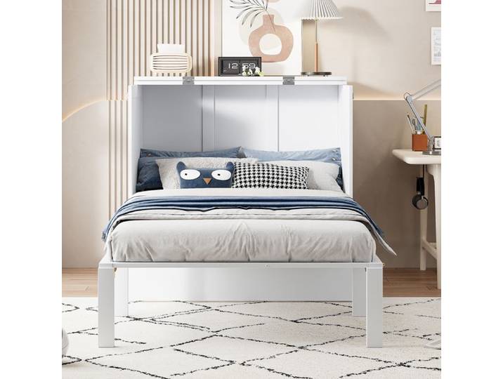 Lit escamotable blanc 90×200 cm, sommier inclus, lit modulable avec rangement intégré, sans matelas