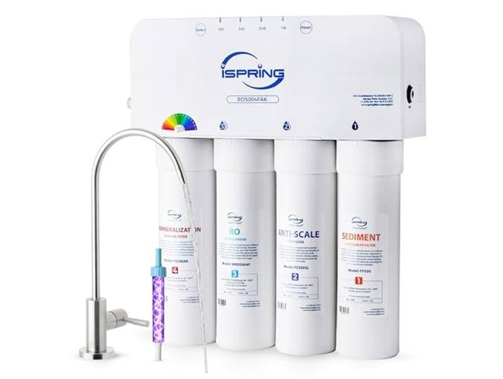 iSpring RO5004F-AK UV-Alkaline-Umkehrosmose-Wasserfilter, SGS-geprüft auf PFAS- und TDS-Reduktion, tankloses RO-System mit Remineralisierung für 500 GPD unter der Spüle, Verhältnis 2:1