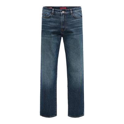 Straight-Jeans ONLY & SONS "ONSEDGE STRAIGHT DNM", Herren, Gr. 33, Länge 34, blau (dunkelblau denim), Denim/Jeans, Obermaterial: 100% Baumwolle, Abriebeffekte, straight fit lang, Jeans Straight-Jeans, Baumwolle, straight fit