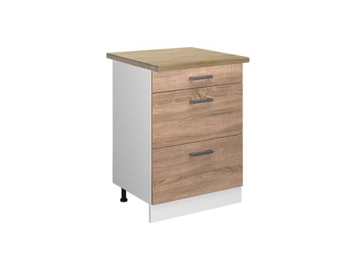 Vicco Küchenunterschrank R-Line, Sonoma, 60 cm 3 Schubladen · Arbeitsplatte Eiche · Höhenverst. Füße · Leichter Zugriff · Frei kombinierbar