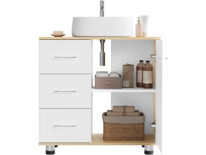 Meuble sous Lavabo EUGAD - 60x30x60cm - 3 Tiroirs 2 Compartiments - Bois d'Ingénierie - Blanc+Chêne Clair