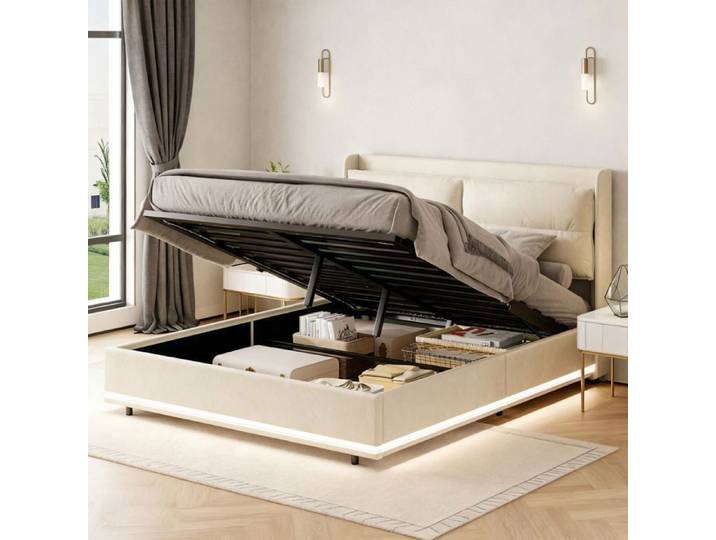 Lit 140x190 cm - Velours Beige - LED - sommier à lattes - cadre de litcoffre 140x190 coffre - lit adulte 140x190