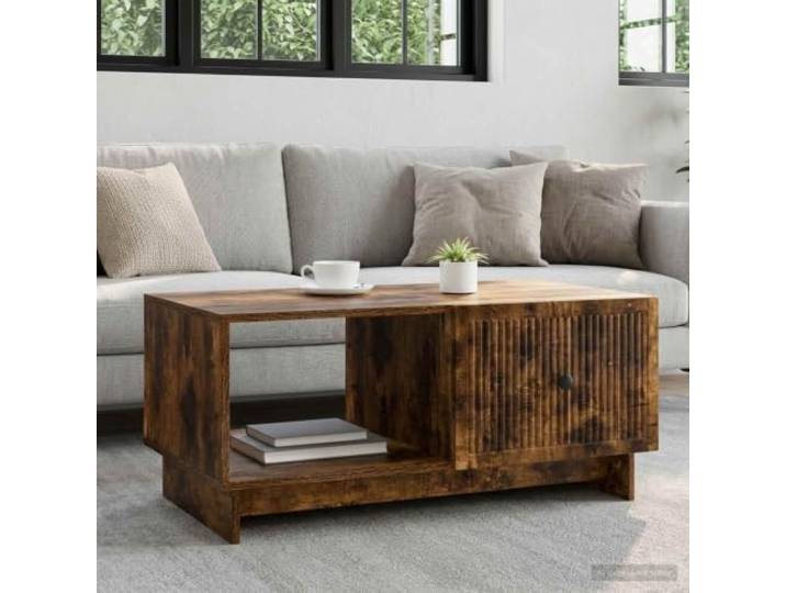 Couchtisch Räuchereiche 90 x 50 x 40 cm Holzwerkstoff mit Metallgriff Vintage-Stil, Pendeltür, Stauraum, pflegeleicht, stabil, Retro-Design
