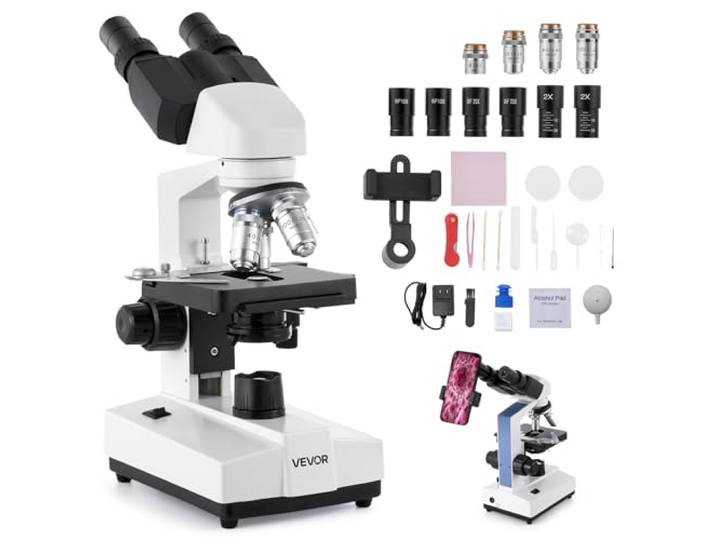 VEVOR Binoculaire Microscoop, set bestaande uit vergrotingsmicroscoop, 1,3 mm, tweetraps ledlicht, telefoonhouder voor studenten, laboratorium, school, thuis