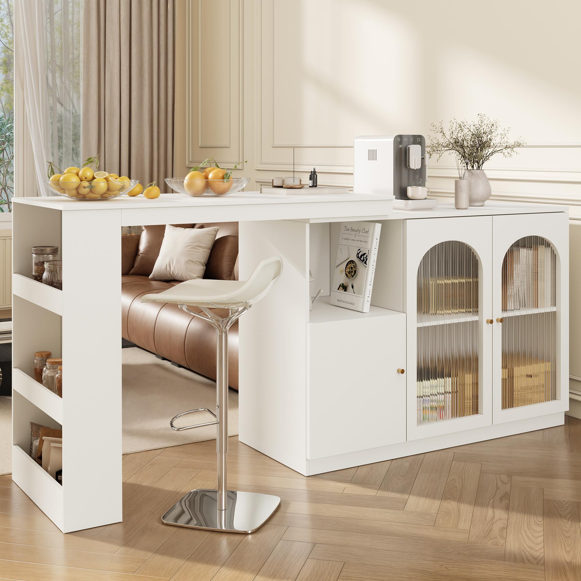 Fortuna Lai Um 360° drehbarer Bartisch (Hauptkörper 120 x 40 x 97 cm), moderner und einfacher weißer rotierender Ess- und Barschrank, multifunktionaler Aufbewahrungsschrank mit Glastür