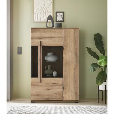 Vitrine HOME AFFAIRE "Cantara, Vitrinenschrank in Eiche Evoke, Weiß o Kaschmir, Standvitrine", braun (eiche evoke), B:90cm H:140cm T:37cm, Holzwerkstoff, Schränke, Vitrine, schwarzer Stangengriff, ausreichend Stauraum, vielseitig einsetzbar