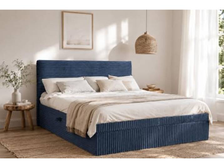 Kaiser Möbel - Bett 120x200 cm, Boxspringbett mit Bettkasten und Topper, Cord Schlafzimmerbett, Doppelbett mit Stauraum und Gepolstertes Kopfteil, Toppermatratze aus Viscoschaum - Trento - Dunkelblau