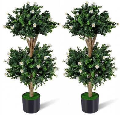 "Costway 2 Pack 36"" Artificial Double Ball Boxwood Topiary Tree with 41 Blossoms-White"
