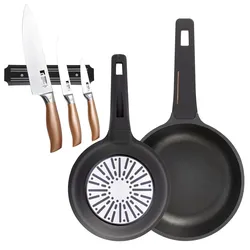 BERGNER - Pfannen Ø20/24cm aus Gusseisen geeignet für Induktion mit Set aus 3 Edelstahlmessern mit magnetischer Wandhalterung