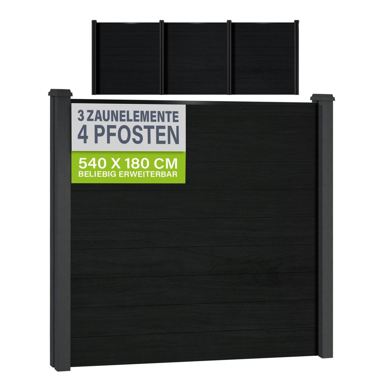 JUSKYS® WPC Sichtschutzzaun 3er Set - 3x Element + 4x Pfosten & Zubehör, Gartenset WPC- & Stahlkonstruktion, Anthrazit / Grau