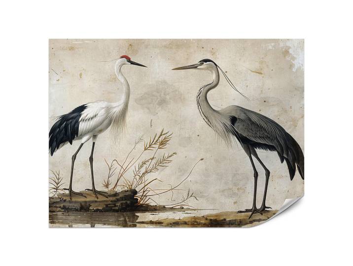 Muralo Fototapete Vögel Vögel Kranich Reiher Retro Stil 500x350, Rot, Braun, Beige, Grau, Papier, Tiere, Rechteckig, 500x350 cm, Tapeten & Wandverkleidungen, Fototapeten