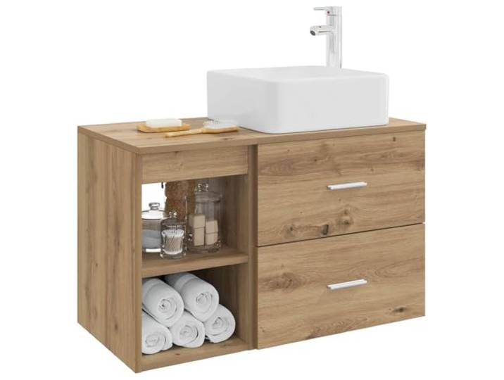 KTHLBRH Badezimmermöbel-Set aus Eichenholz, 2-teilig Technisches Holz, Wandmontage, mit Waschbecken und Wasserhahn, 1 Einlegeboden, 1 Schublade