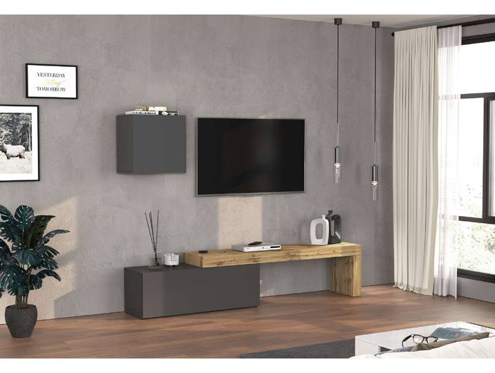 TV-Wand OTTO HOME Chronos TV-Set, Wohnwand – Elemente frei platzierbar, Made in Italy , grau (anthrazit, eiche wotan), B:240cm H:190cm T:40cm, Kastenmöbel-Sets, TV-Wand, Lowboard Breite 240 cm, Hängeschrank Breite 50 cm, Made in Italy