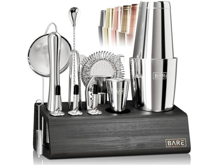 Pro Mixology Barkeeper-Set Bar-Set 14-teiliges Boston Cocktail-Shaker-Set Professionelle Barzubehör-Mixwerkzeuge für Barkeeper zu Hause Bambusständer Rezeptkarten Geschenkset für Sie und Ihn