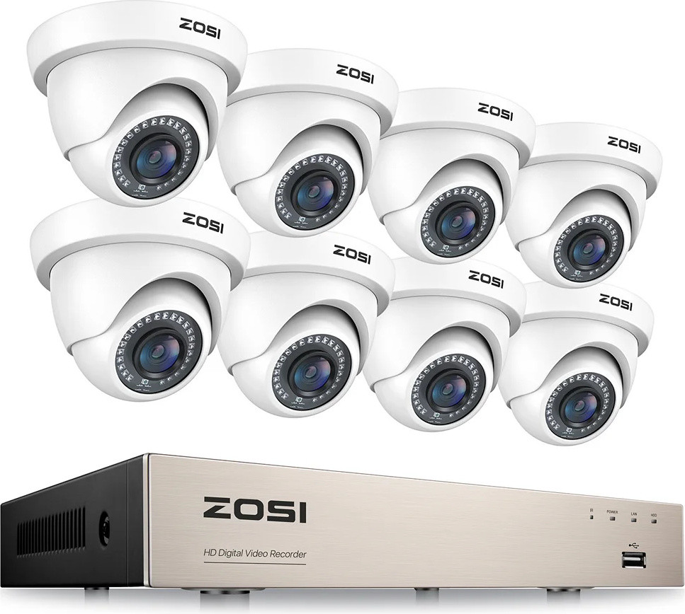 ZOSI beveiligingscamerasysteem met 8 witte camera's, 2MP resolutie en nachtzicht tot 80 voet, 1TB