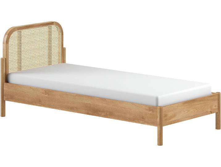 Einzelbett VIPACK mit massiven Bettpfosten und furnierten Bettseiten , braun (eiche natur, eiche natur, eiche natur), B:98,5cm H:90cm L:208,5cm, Betten, 90/200 inkl. Lattenrost und trendigem Rattankopfteil