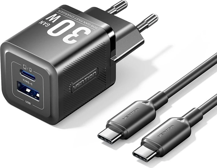 Vention 2-Port USB (C + A) GaN Charger (30W/30W) with USB-C to USB-C Cable (1M) EU-Plug Black