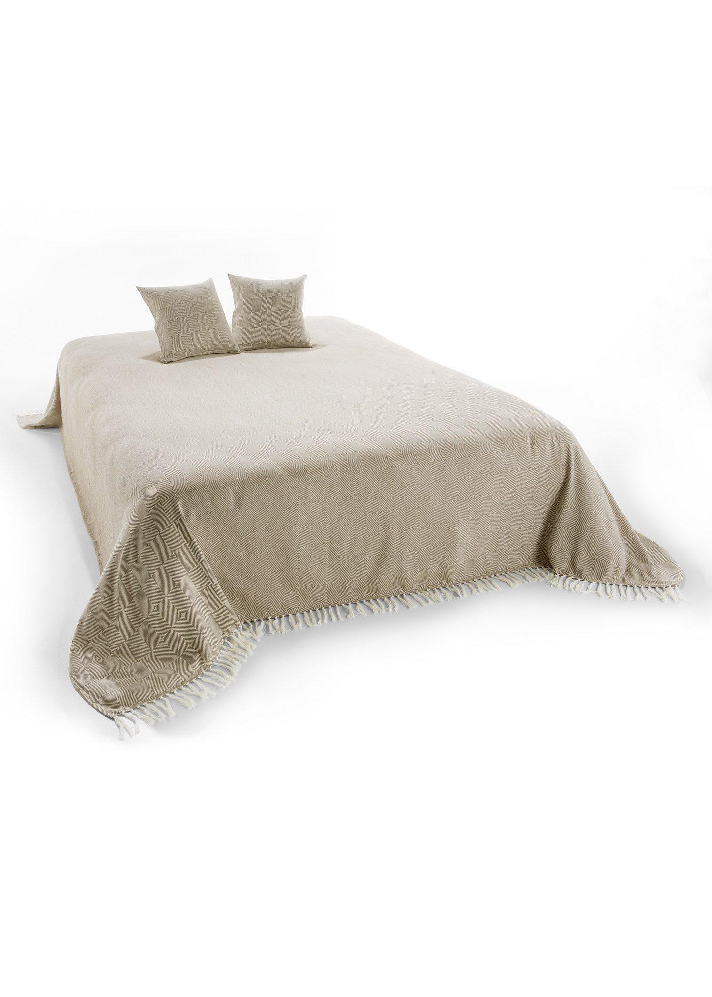bonprix Überwurf mit Fransen, beige, Gr.330x250 cm, Überwurf im schicken Ethno-Look, aus 100% Baumwolle