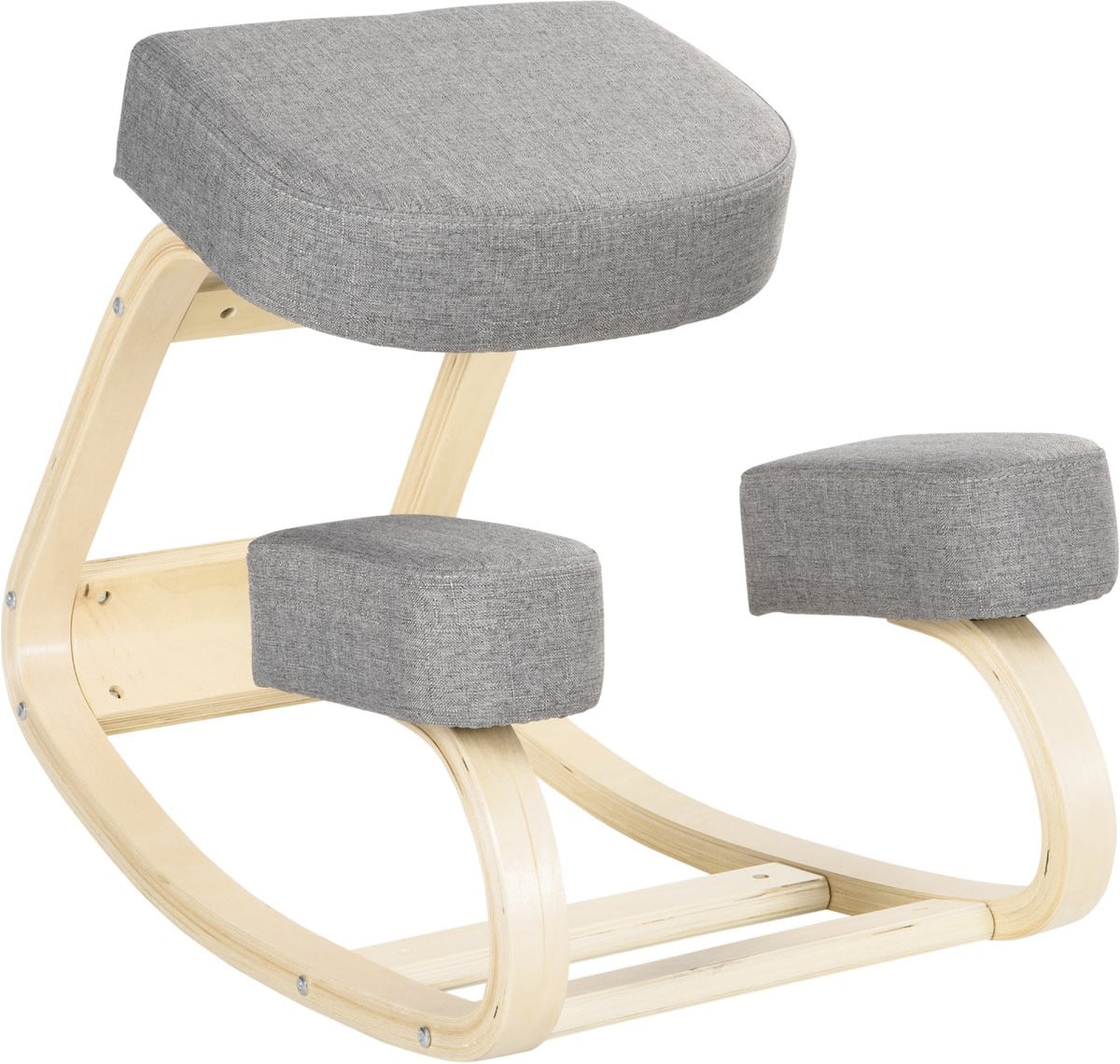 Ergonomische kniestoel met berkenhout en grijze bekleding voor een gezonde houding