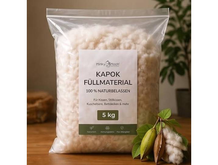 Minky Mooh® 5 kg Kapok Füllmaterial (Öko-Tex 100) vegan 100% naturbelassen Kapokwolle & Füllwatte für Allergiker - Atmungsaktive Kapokfaser Wolle für Füllung von Stillkissen, Kissen & Matratze