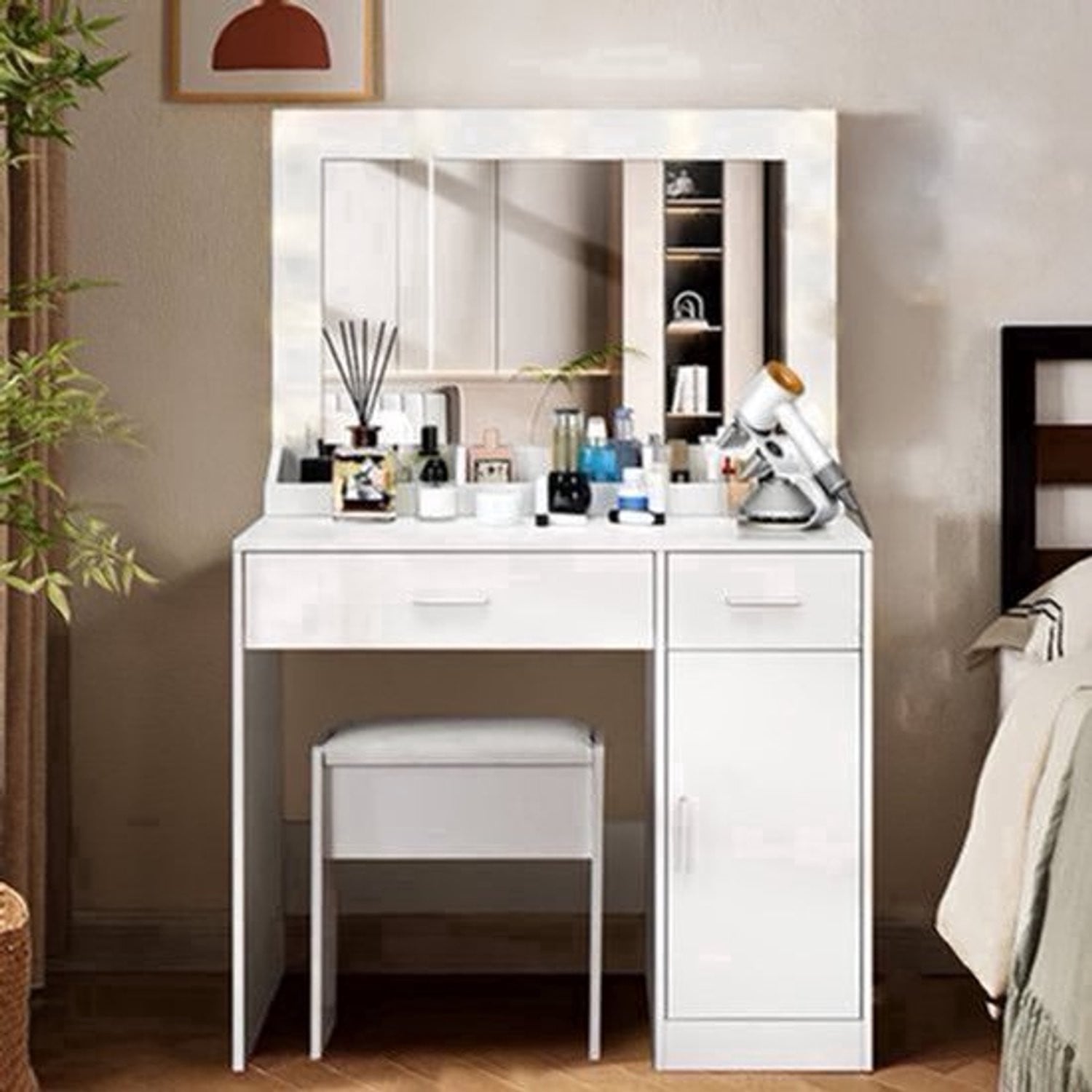 Zwarte Makeuptafel met Grote Spiegel, 2 Laden en Kast