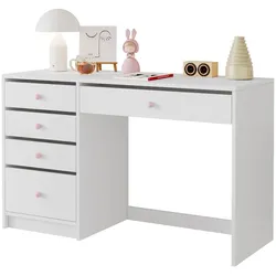 OKWISH Schreibtisch 120x45x74 cm mit 5 Aufbewahrungsschubladen, Stauraum, rosa Keramikgriffe, MDF, Büro- und Wohnzimmertisch Weiß