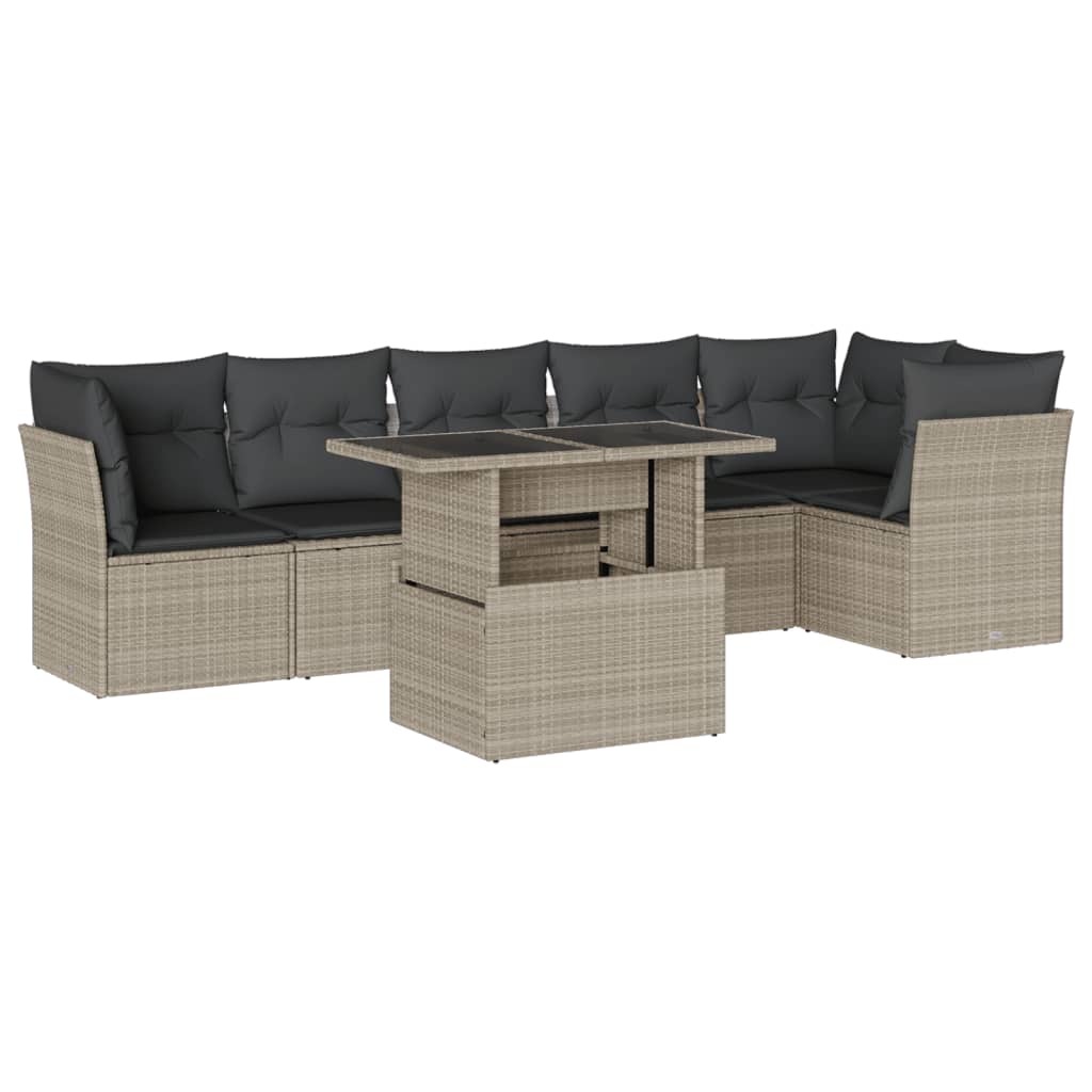 Gartenmöbel-Set 7-tlg., modulares Loungesofa mit höhenverstellbarem Tisch, Poly Rattan Hellgrau, UV-beständig, inkl. abnehmbare Kissen Anthrazit