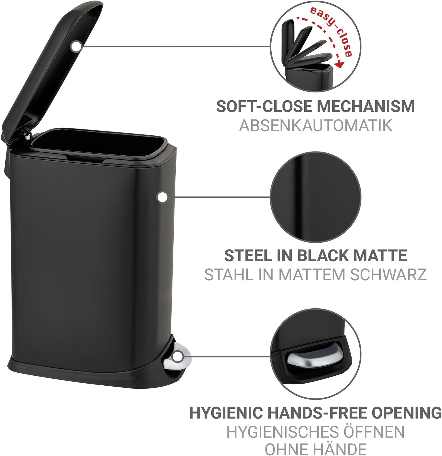 Mülleimer WENKO "Modell Design", schwarz, B:20,5cm H:46cm T:36cm, Edelstahl, Kunststoff, Mülleimer, Mülleimer, Abfalleimer mit Absenkautomatik und herausnehmbarem Einsatz