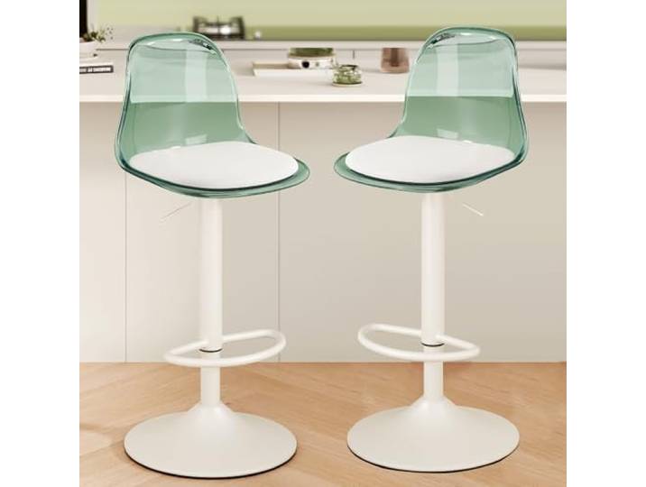 Drehbare Barhocker Aus Acryl, 2Er-Set, Barhocker Mit Verstellbarer ThekenhöHe Und Transparenter RüCkenlehne, Transparente Moderne Inselhocker Mit Metallbeinen, Kleines Pu-Kissen, FüR Bar, KüChe(Green)