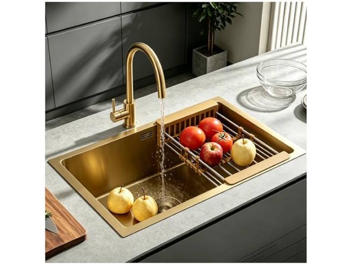 OMGMTSTORE Edelstahl Küchenspüle 75x45 cm,Unterbau/Überbau-Spüle,Spülbecken Küche Klein,Gebürstete Barspüle In Gold mit Küchenarmatur,faltbarem Siebkorb,Ablauffilter und Überlaufgarnitur