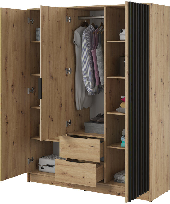 Gracie Oaks Andzela 3 Door Wardrobe Oak Artisan/Black 155cm W X 51cm D