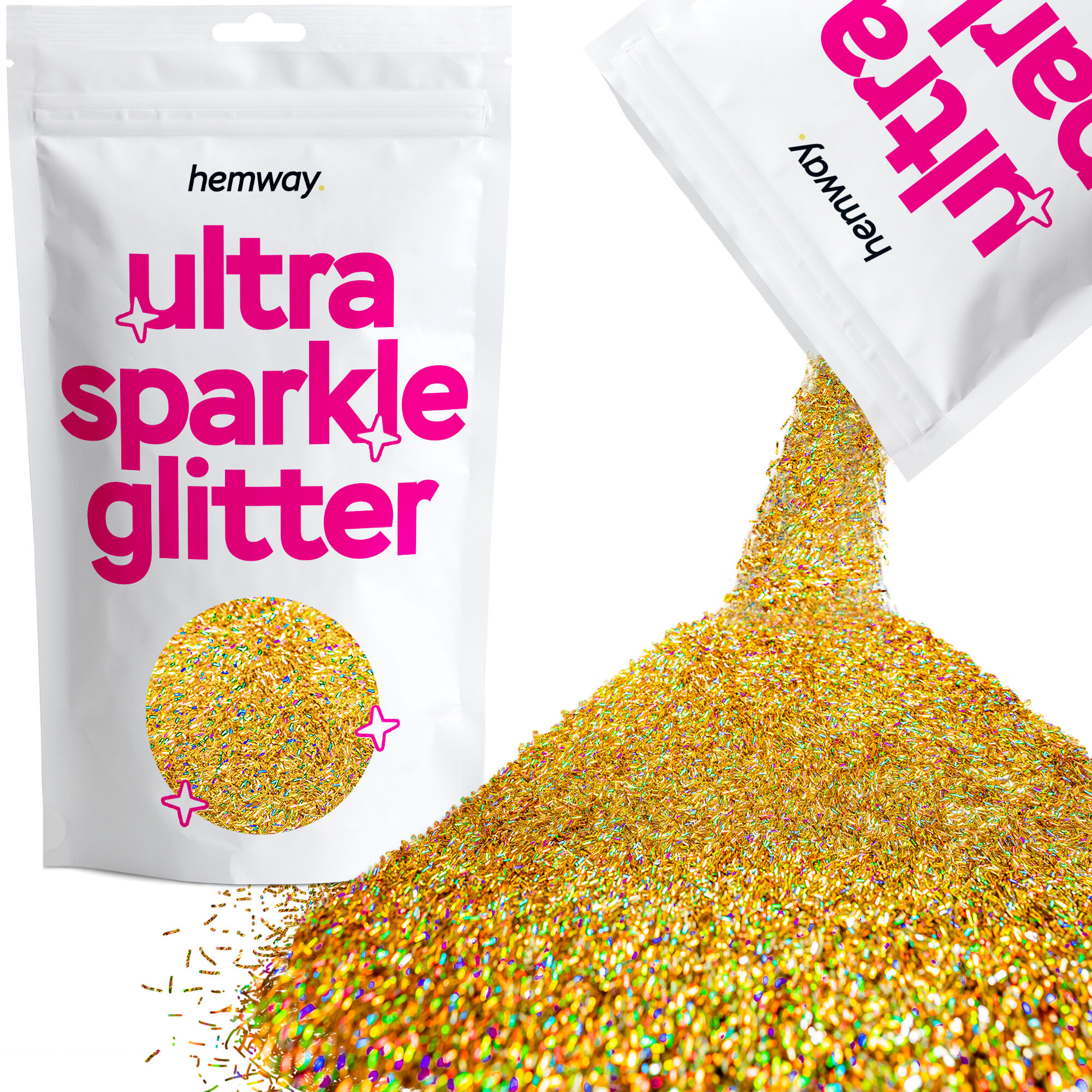 Hemway Shaped Ultra Sparkle Glitter   Fibre Strands   Cosmetic, Festival, Crafts - Gold Holographic - Shaped 100g