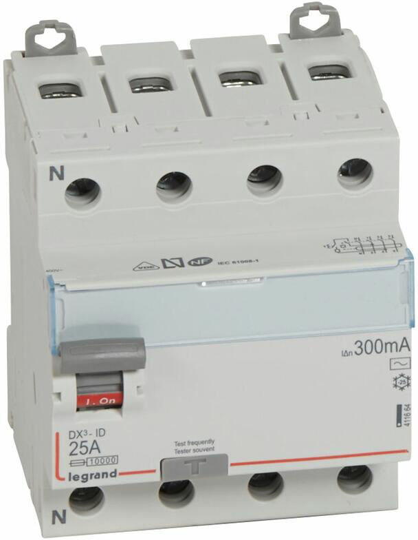 Interrupteur différentiel DX³-ID arrivée haute et départ bas à vis 4P 400 V type AC 4 modules 300 mA 25 A LEGRAND 411664