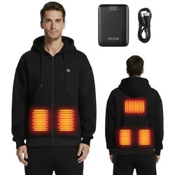 VEVOR Beheizbarer Hoodie, Unisex, Kapuzenjacke mit Reißverschluss und 7,4 V 16000 mAh Powerbank, 5 Heizzonen, 3 Temperaturstufen, 4–8 Stunden Wärme, für Wintercamping im Freien, Schwarz, XL