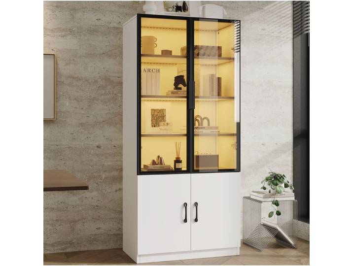 Vitrine LED avec rangement 4 portes - LPOSPI - cadre en aluminium verre securise fume blanc 60 × 40 × 160 cm