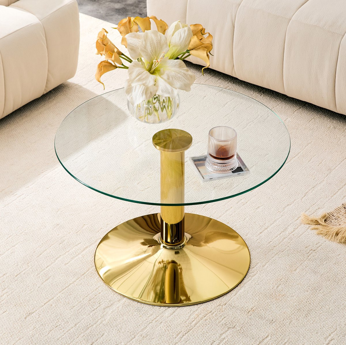 STILVORA Salontafel - Ronde glazen tafel met gouden metalen onderstel - 70 x 70 x 45 cm
